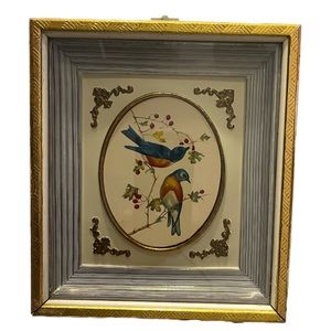 Vintage Gold Ornate Framed Colorful Birds on Branch Shadow Box Wall Art